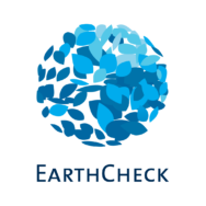 Earth Check Logo with Blue Letters and Circle-Shaped Blue Leaves Design, Symbolizing Environmental Awareness