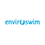 EnviroSwim Logo with Giraffe Silhouette in Blue Letters, Representing Environmental Consciousness