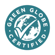 Green Globe Certified Logo: Check Mark on Globe Picture Encircled with Letters 'Green Globe Certified'