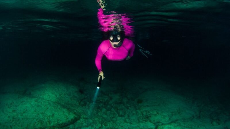 Adventurous Woman Snorkeling Underwater at Night, Wearing a Pink Swimsuit and Snorkel